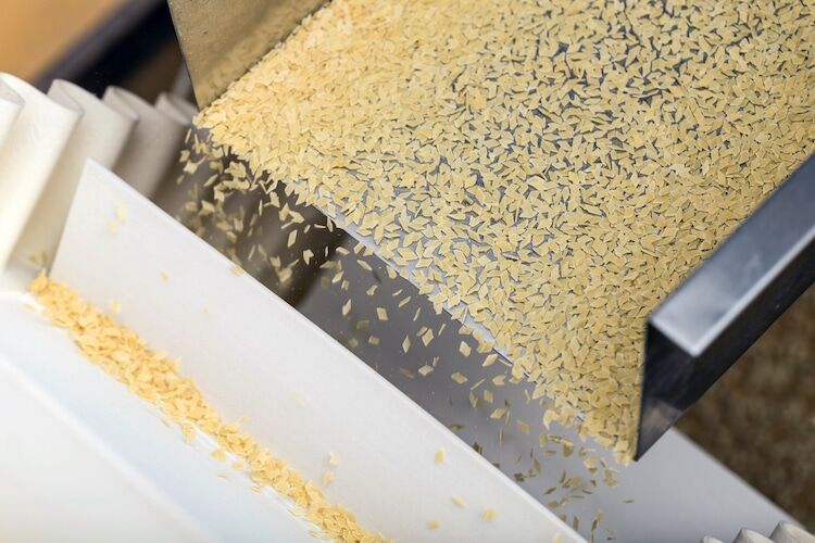 Vibratory conveyor moving pasta