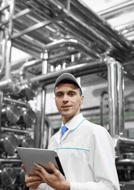 technologist with grey tablet his hands make set up production line while standing department dairy factory